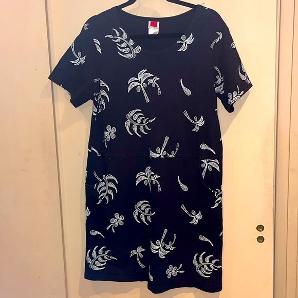 Red Ginger black and white palm tree 100% cotton dress size medium with pockets - Picture 1 of 9